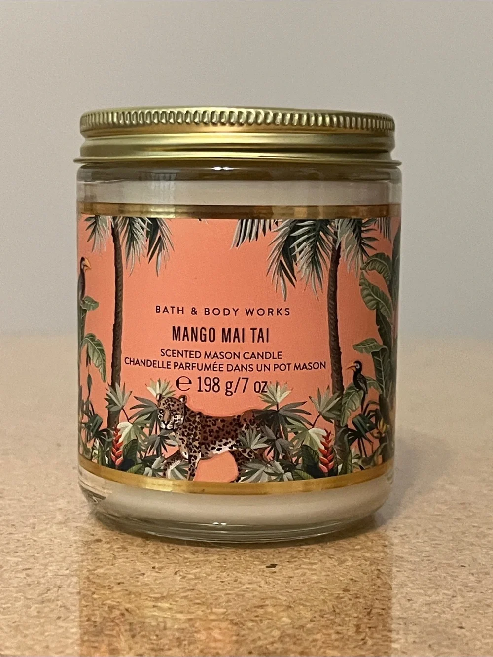 Bath & Body Works Mango Mai Tai Scented Mason Candle - Peach Coral with Gold Lid
